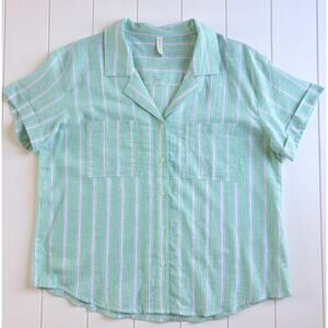 Mia & Tess Linen Cotton Striped Camp Shirt XL Button Front Mint Resort Coastal